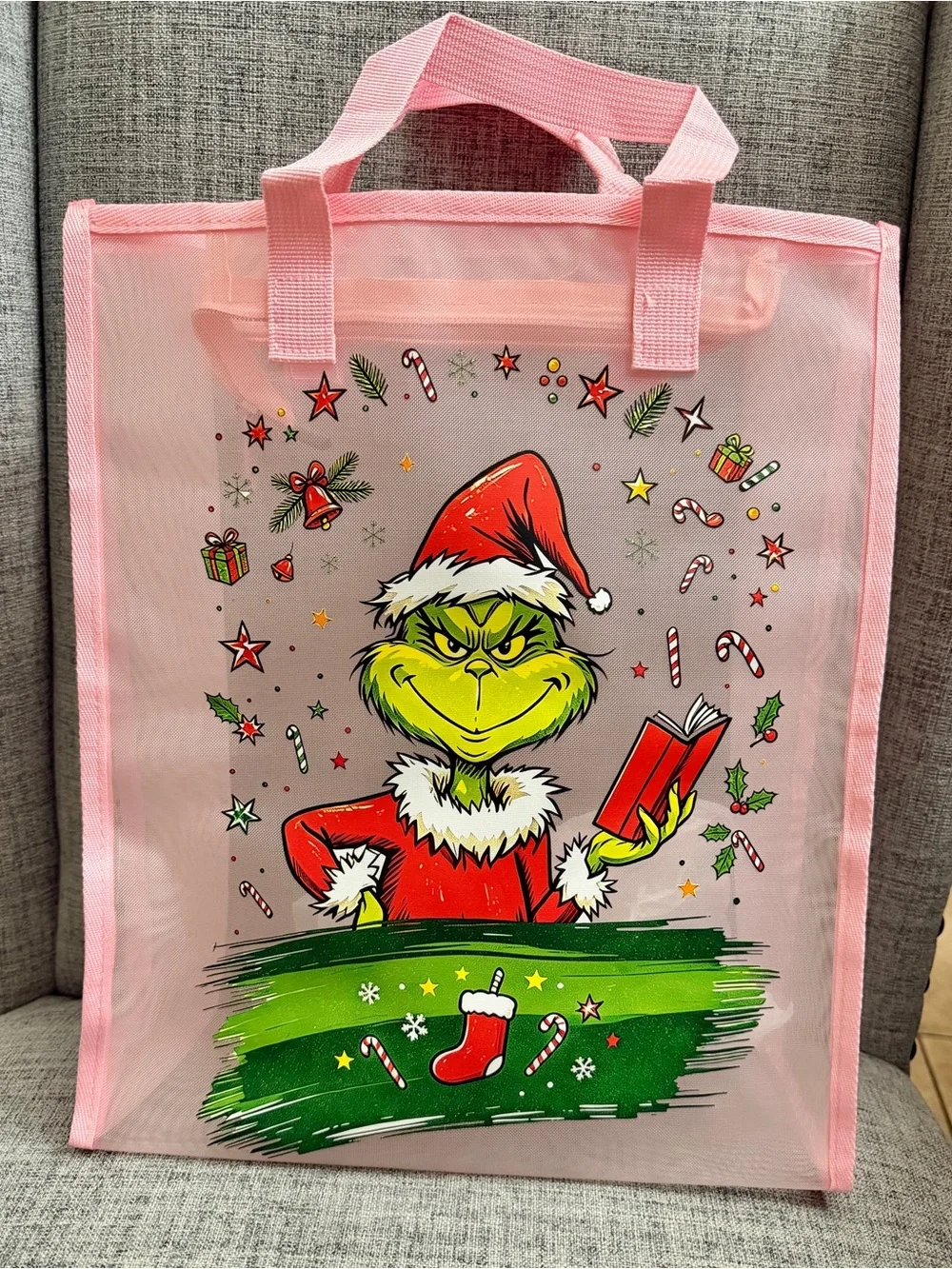 Holiday Grinch Mesh Tote Bag - Pink